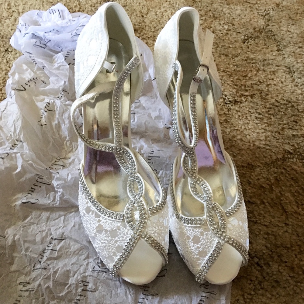 Emily Bridal Bling Peep Toe Lace Ivory Wedding Heels